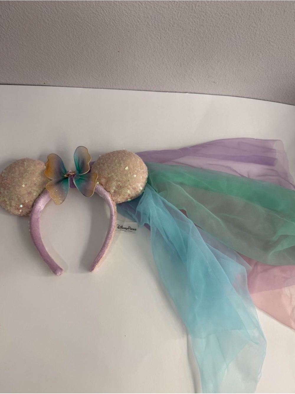 Disney Pastel Sequin Minnie Ears Headband with Butterfly and Veil